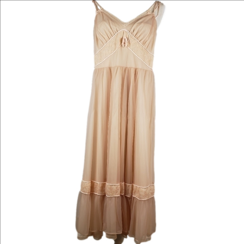 Gotham Gold Stripe Nightgown Vintage size 32 bust XS Beige Semi Sheer Glamorous - Picture 4 of 16